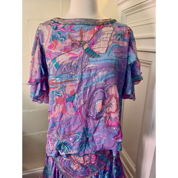 Vtg 80s Judith Ann Creations Butterfly 100% Silk Sequin Skirt & Blouse Size L - Picture 2 of 16